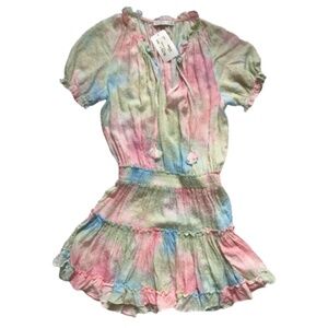 NWT Kendall Lane Tie Dye Clip Dress Womens Small Pink Blue Mini Smocked V-Neck S